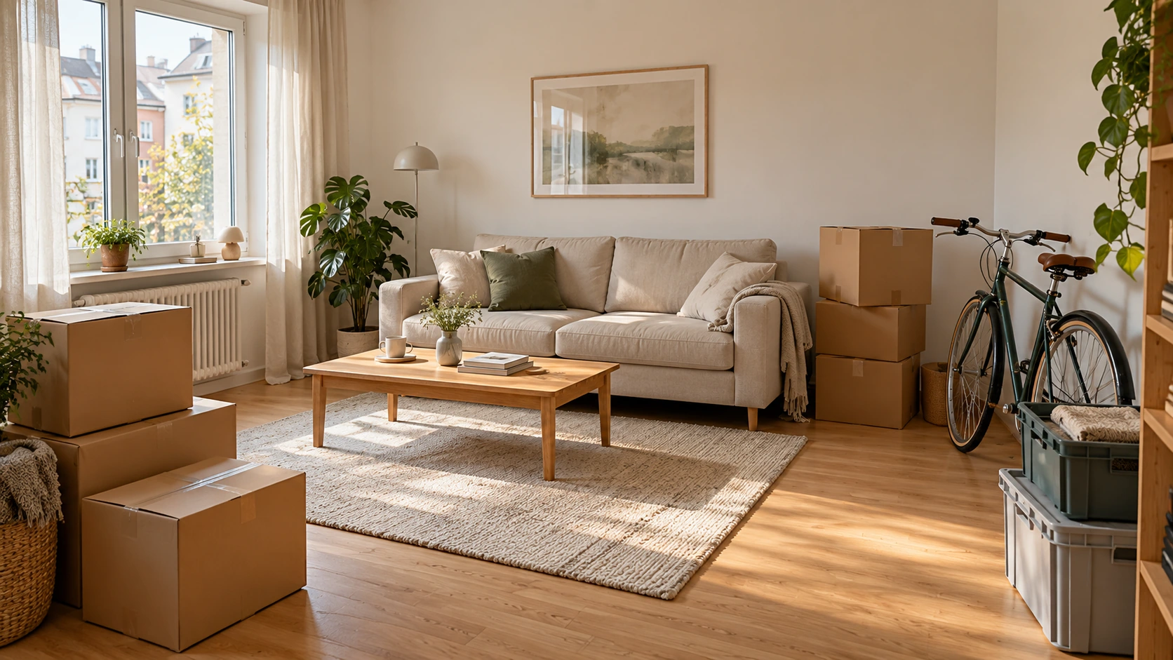 Illustrative Wohnidee: ein Wohnzimmer mit Kartons und einem Fahrrad